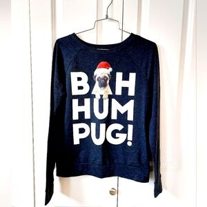 Bah Hum Pug Christmas Gray Long Sleeve Size Small Santa Dog Holiday